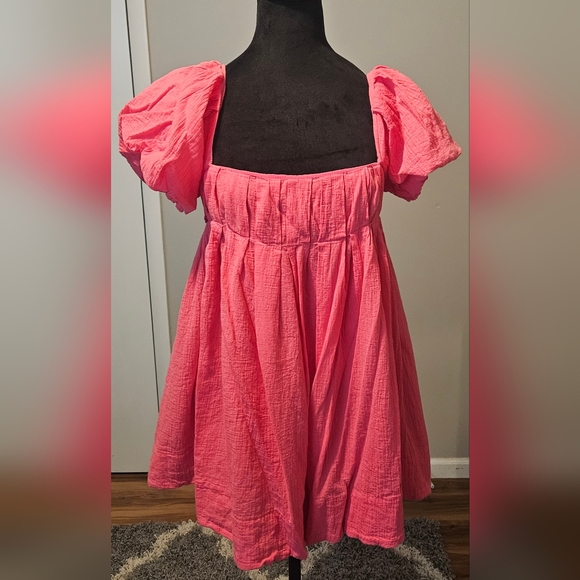 Hot Pink Puff Sleeve Tie Back Linen (Lined) Babydoll Mini Dress Size M (6-8) - Picture 2 of 3